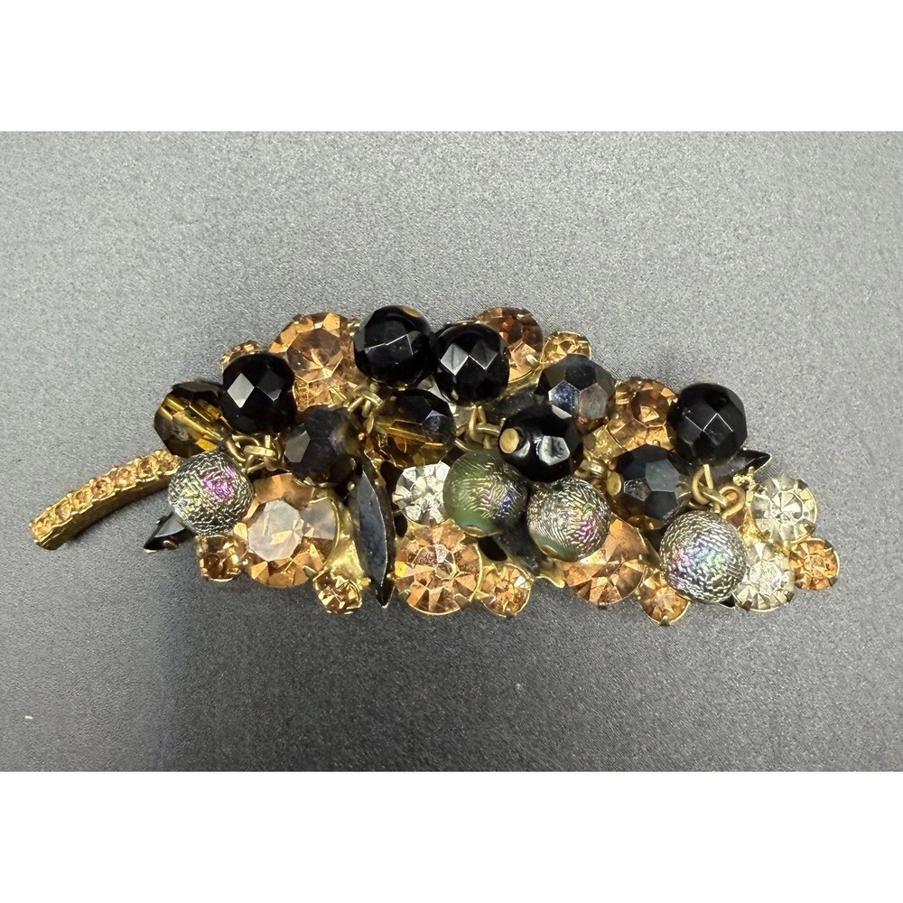 Vintage Juliana D&E Topaz Black Bead AB Rhinestone Cha Cha Leaf Brooch Pin